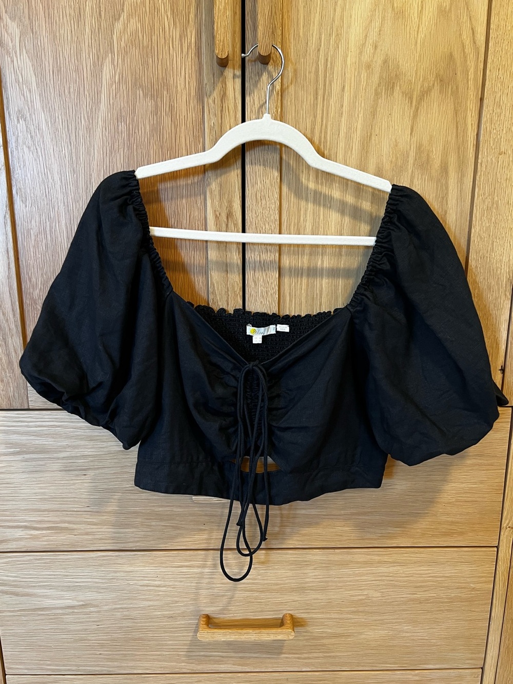 Boden Linen Puff Sleeve Crop Top Black Size 14 Contemporary Chic Feminine